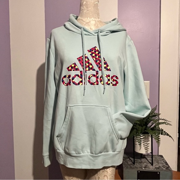 Adidas Baby Blue Mint Sweatshirt Pullover Polka Dot Hoodie Women’s Sz Large - Picture 3 of 10